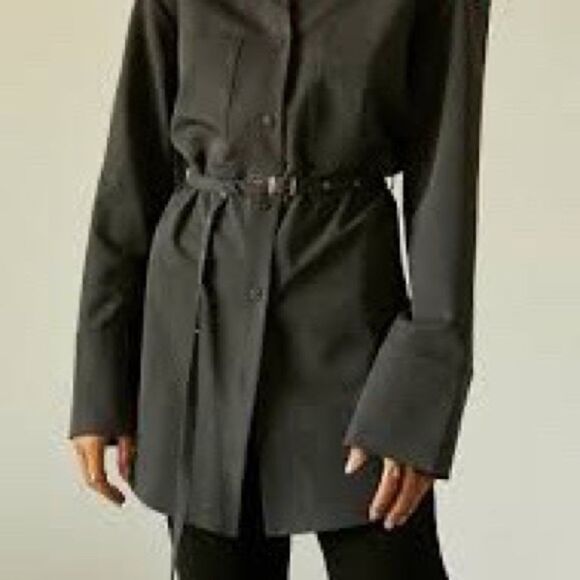 NWT CRESCENT shoulder slit Belted Button Charcoal Top Sz L - Picture 2 of 9